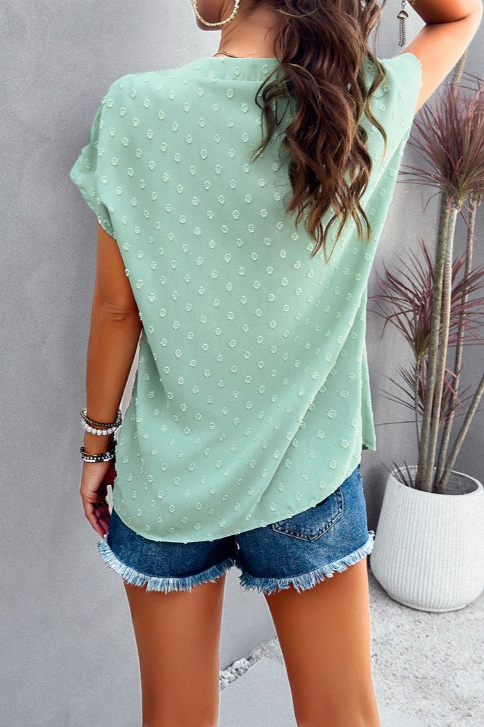 Aquamarine Chic Cap Sleeve V-Neck Embroidered Blouse