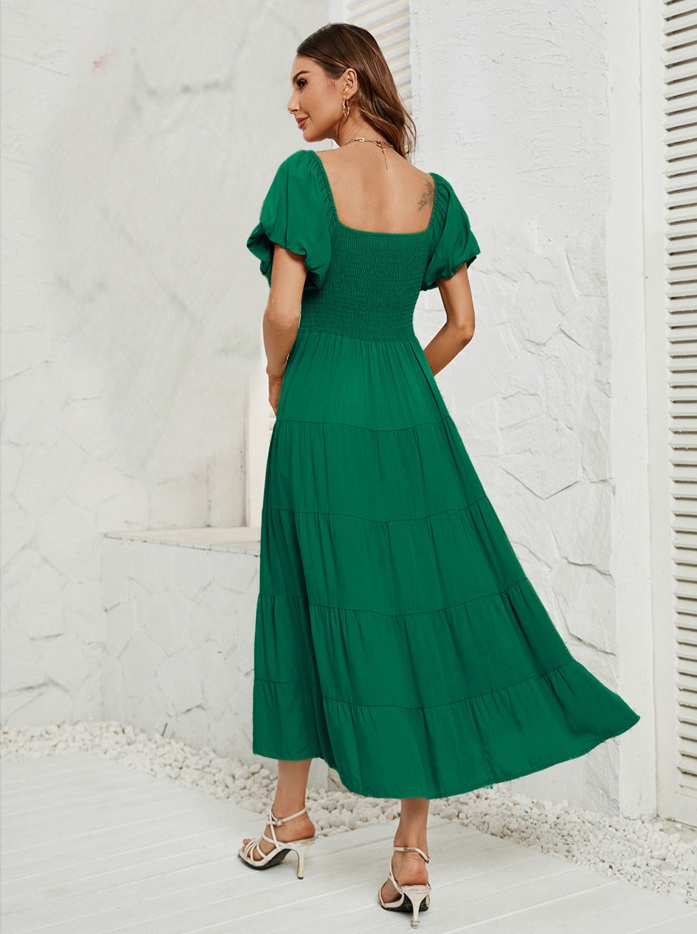 Dark Green High Waist Bubble Sleeve Square Neck Maxi Dress