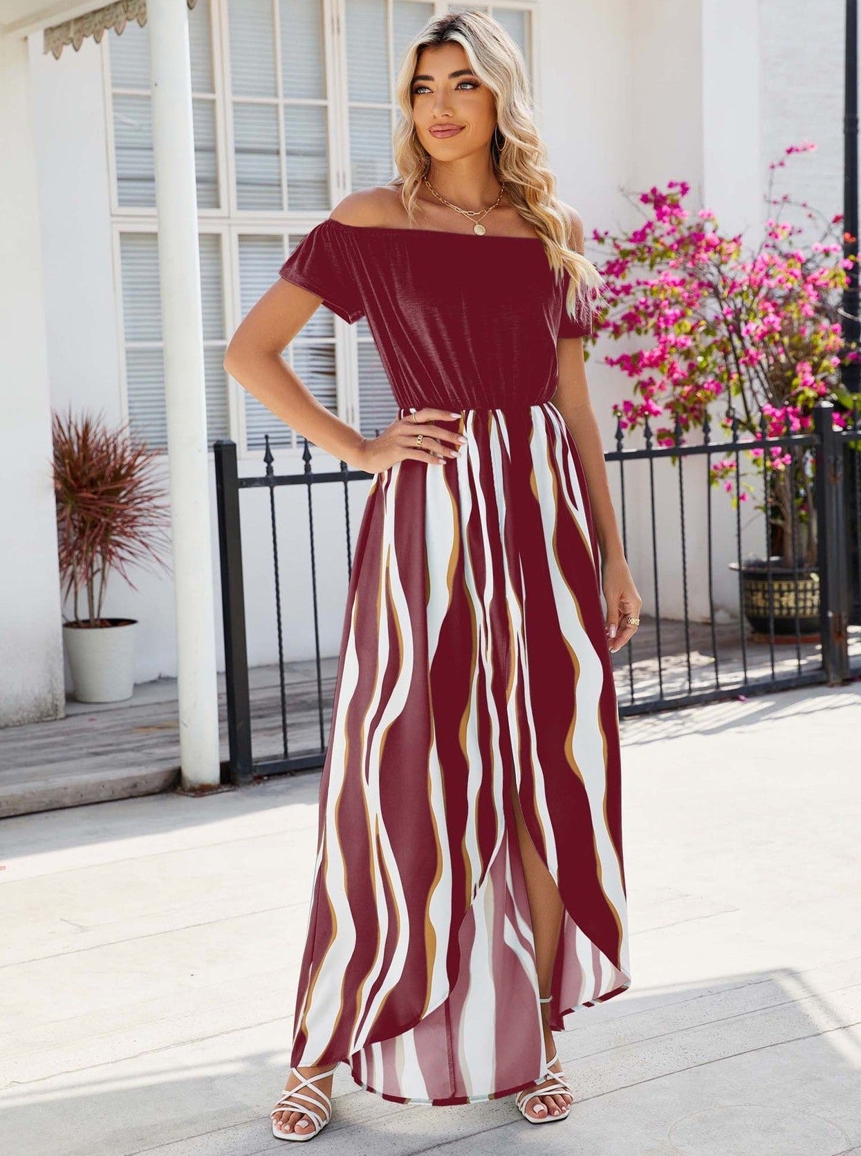 Boho Maxikleid mit Shorts Off-Shoulder Gestreift Sommer Chic Mode