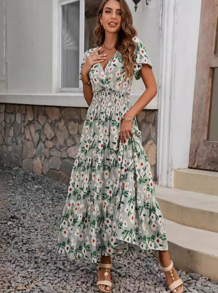 Retro Floral Printed V-Neck Flared Dress