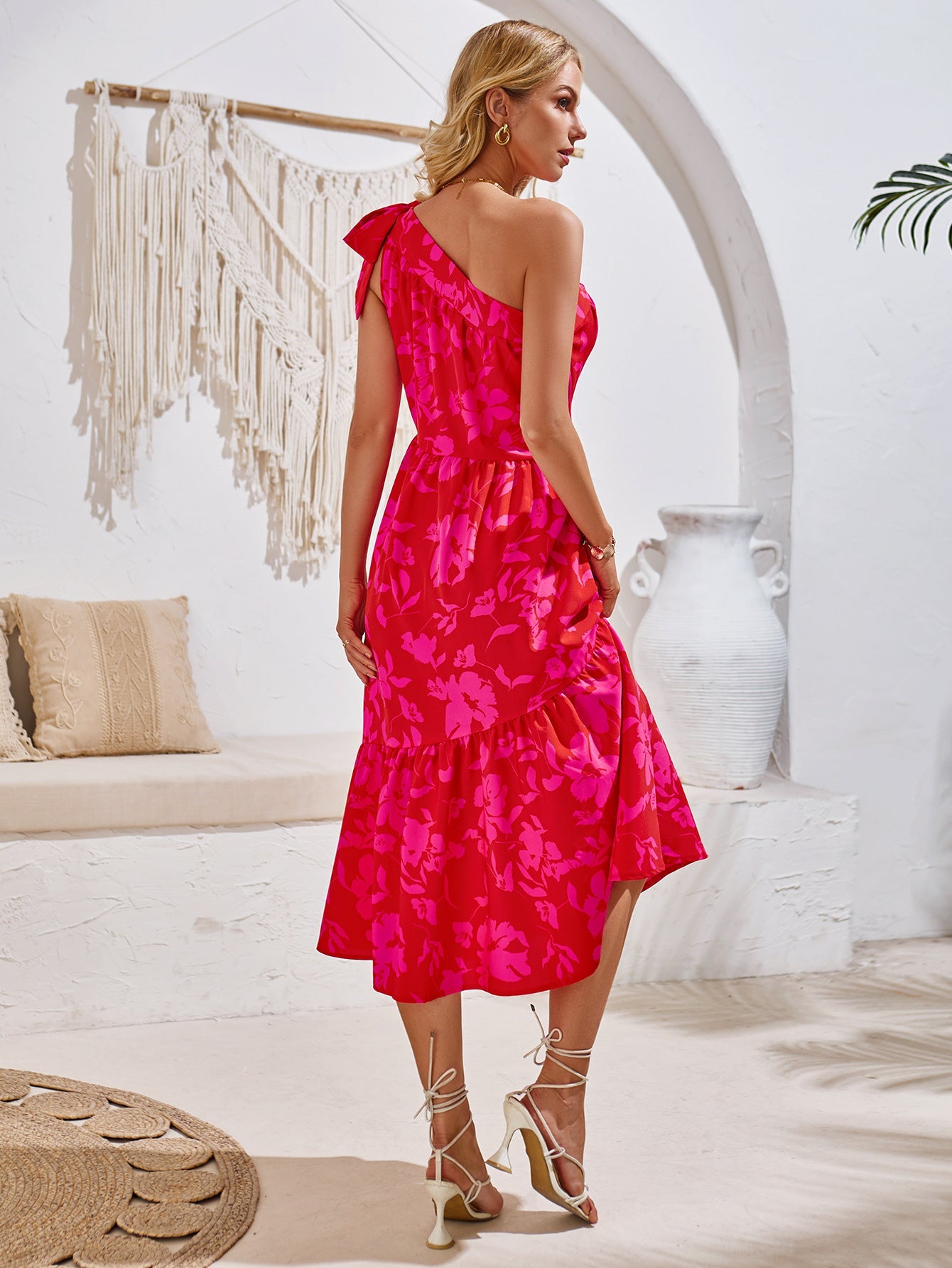 One Shoulder Floral Printed Pleated Dress