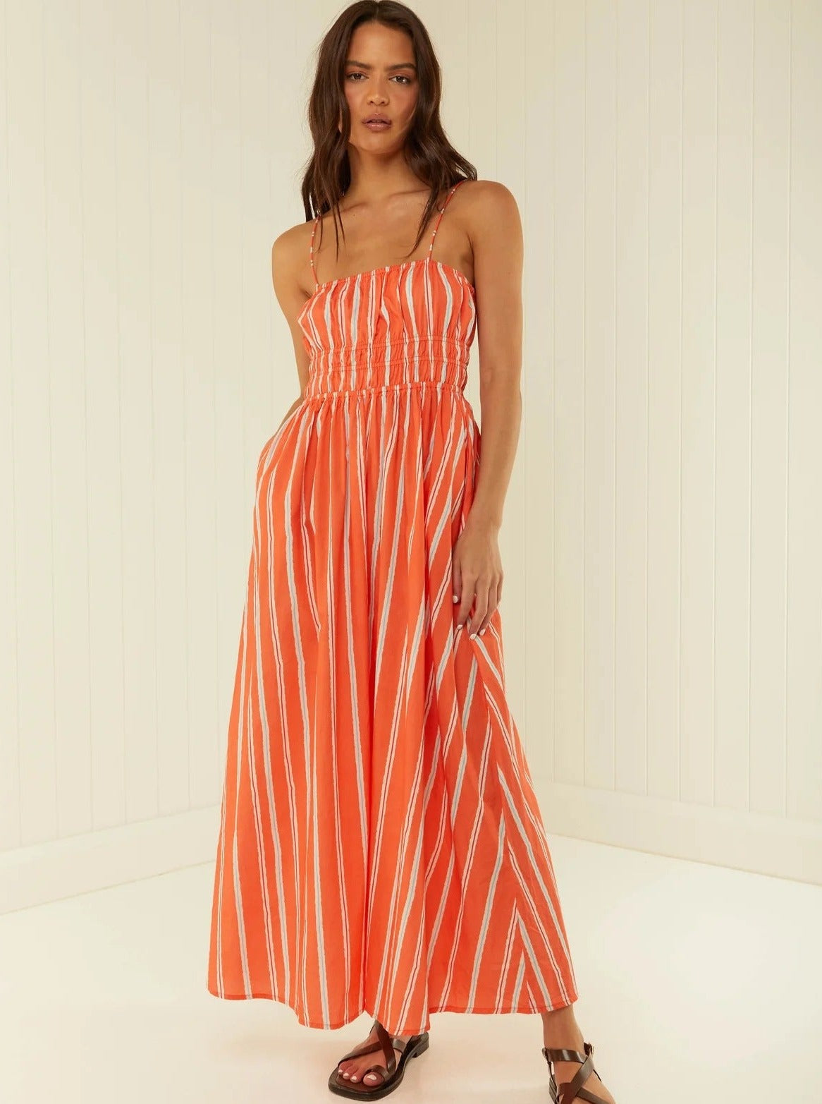 Sommer Maxikleid Spaghetti-Träger Gestreift/Bunt Leichtes Strandkleid