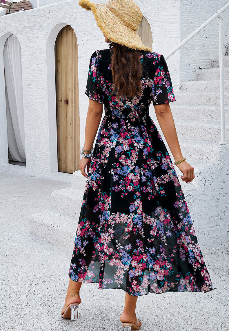 Black Floral Printed V-Neck Sundress