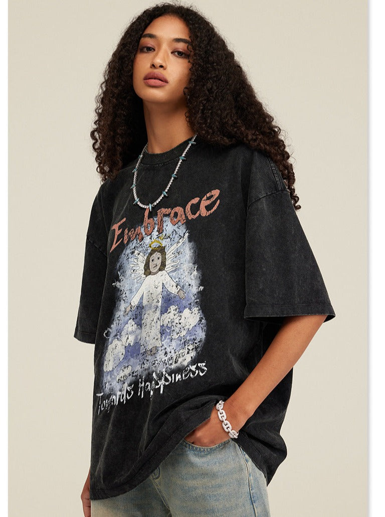 Spring Black Basic Angel Printed Oversized Shirt