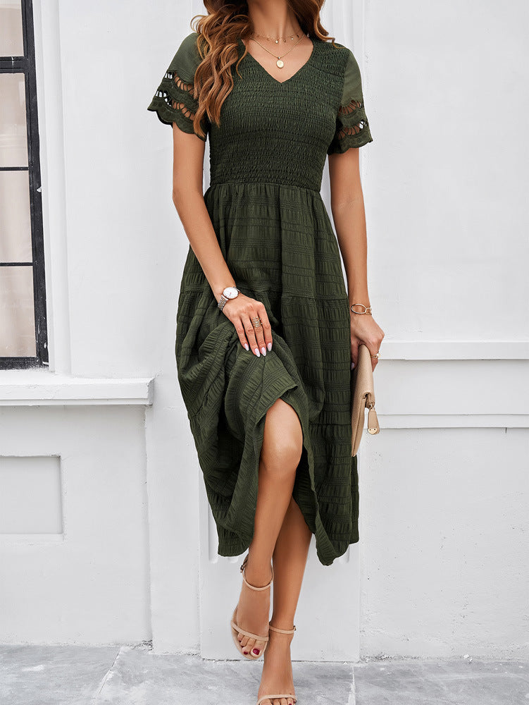 Dark Green Women's Lace Casual Mesh Midi Dress