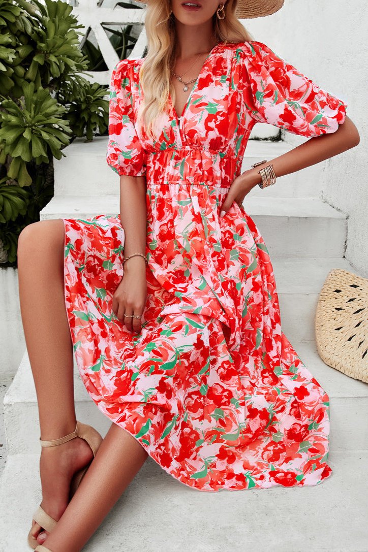 Red Casual Floral V-Neck Puff Sleeve Midi Dress