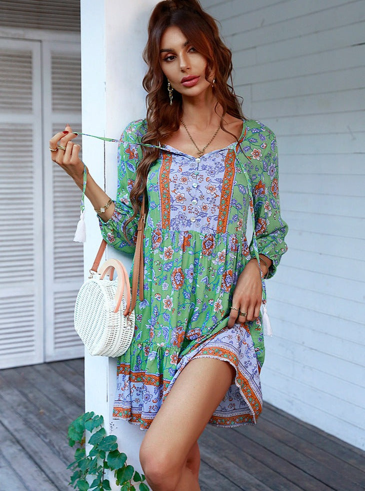 Casual Floral Tassel Tie Flowy Beach Mini Dress