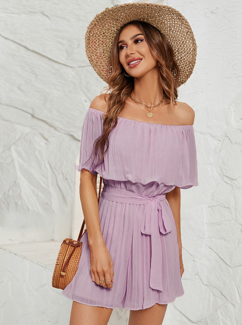 Purple Off-Shoulder Pleated Collar Jumpsuit