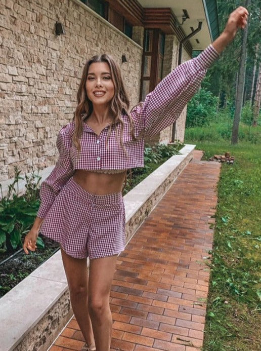 Two Piece Long-Sleeve Plaid Crop Shirt High Waist Mini A-Line Shorts Set