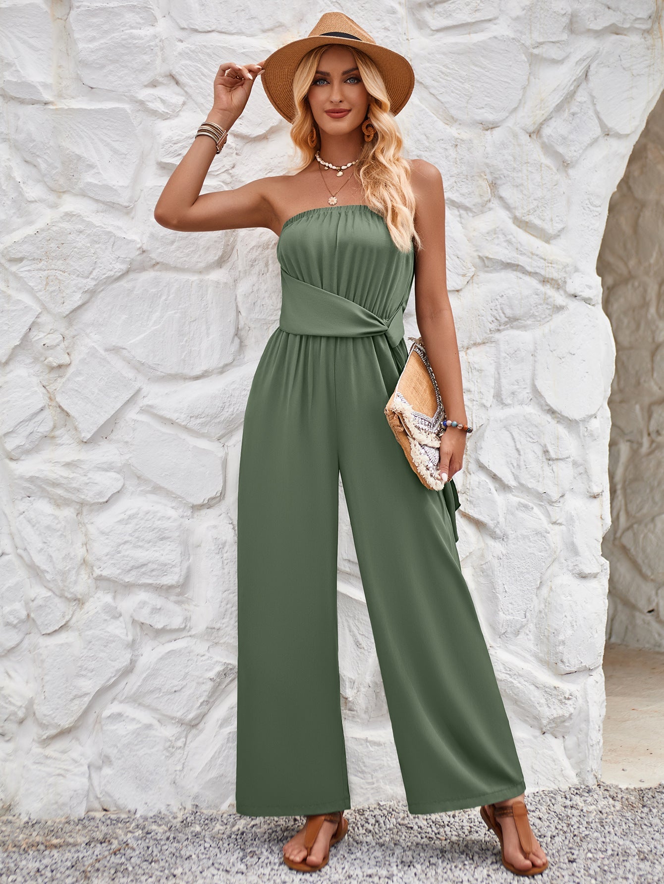 Slim Fit Solid Color Tube Top Jumpsuit