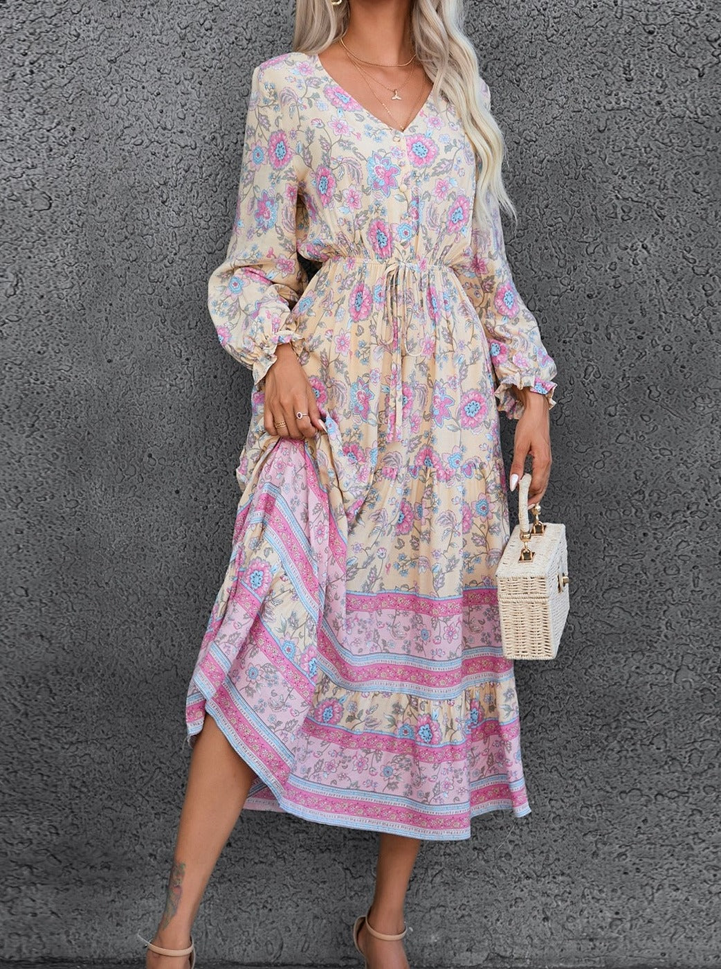 Bohemian Print Long Sleeve Swing Dress