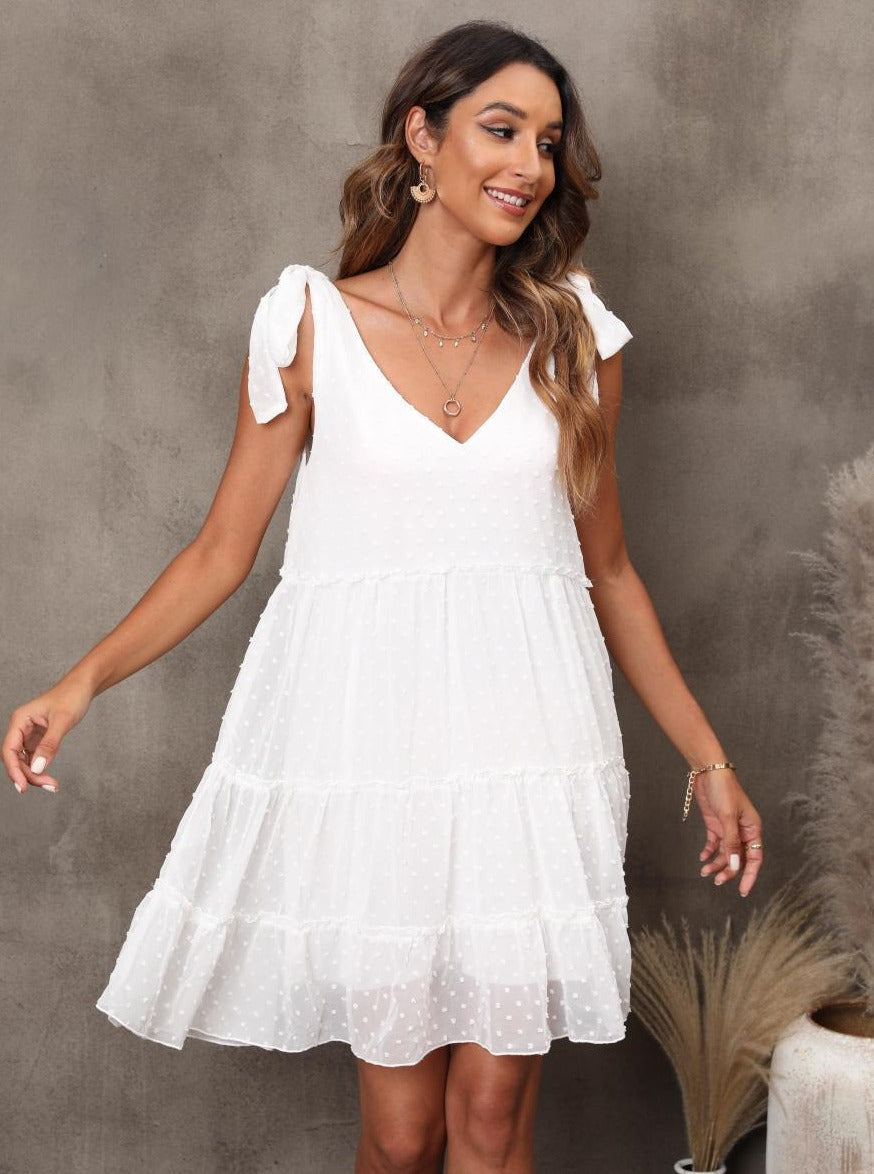 White V-Neck Tie Shoulder Layered Dress