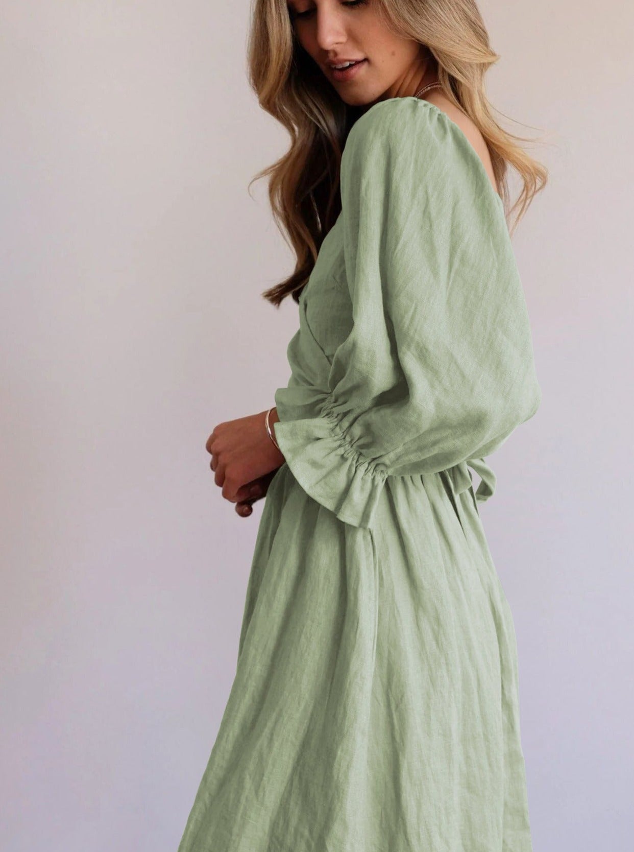 Light Green Rope Belt  Ruffled Lantern Sleeve Pleated Dress