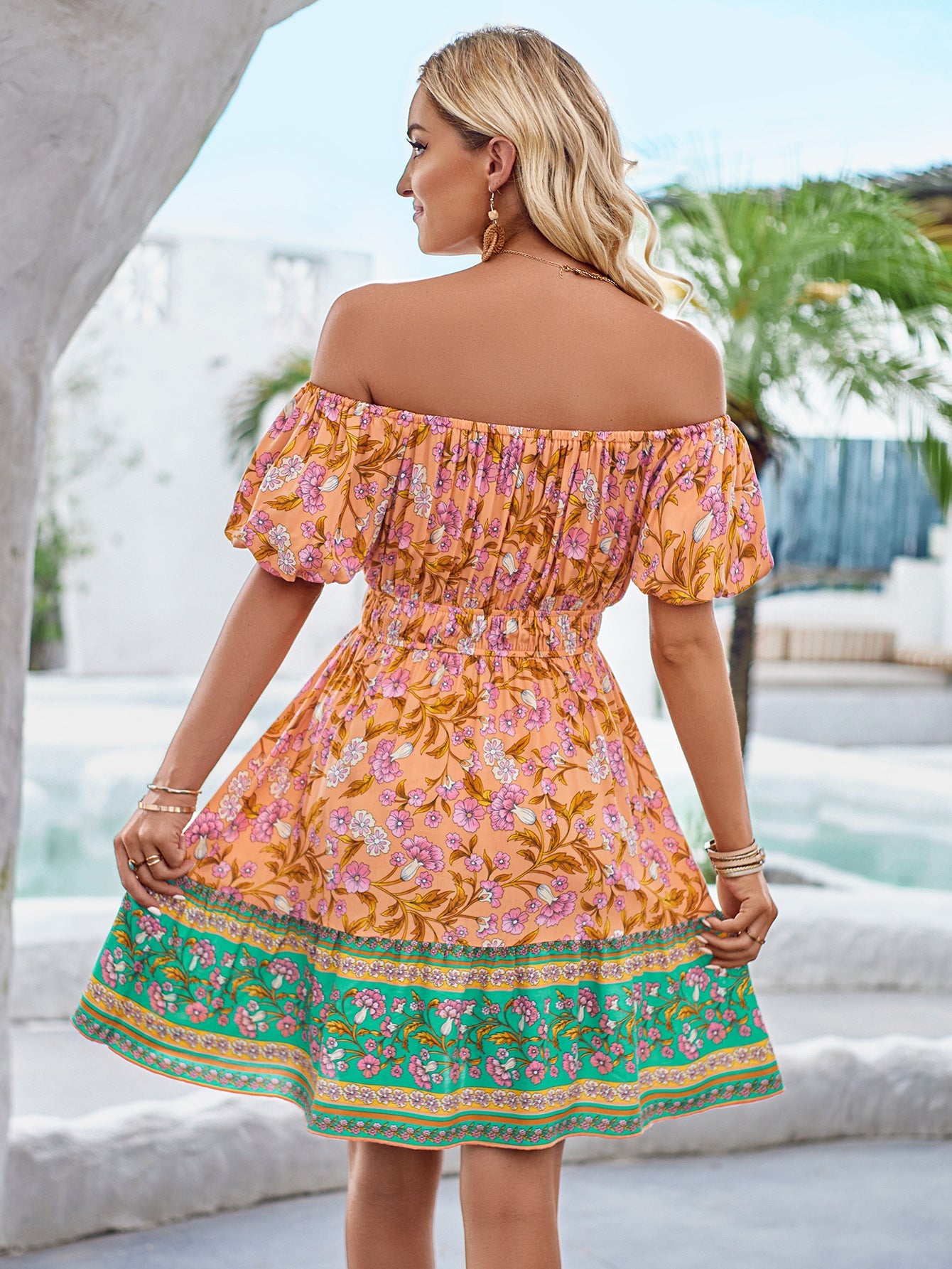 Off Shoulder Floral Bohemian Printed Dress