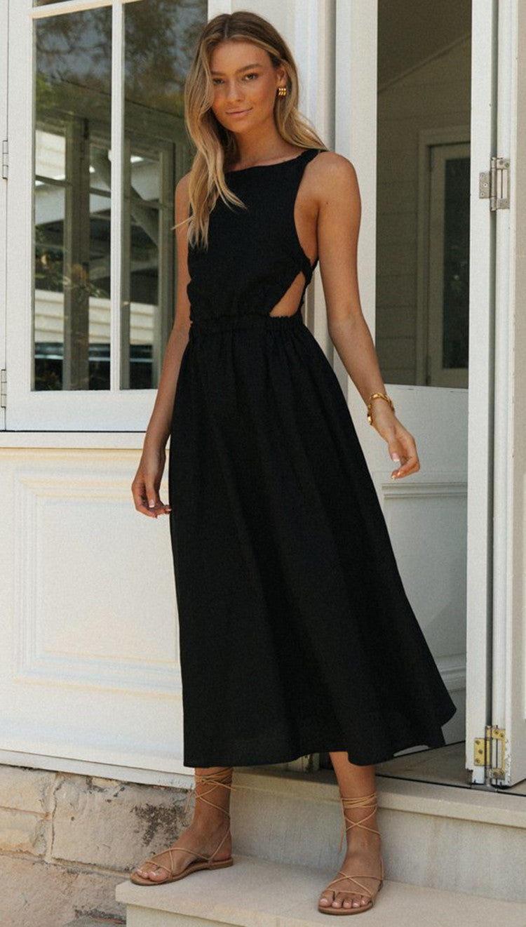 Black Round Neck Backless Swing Dress