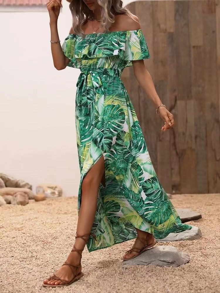 Elegant Off Shoulder Tropical Printed Slit Dress