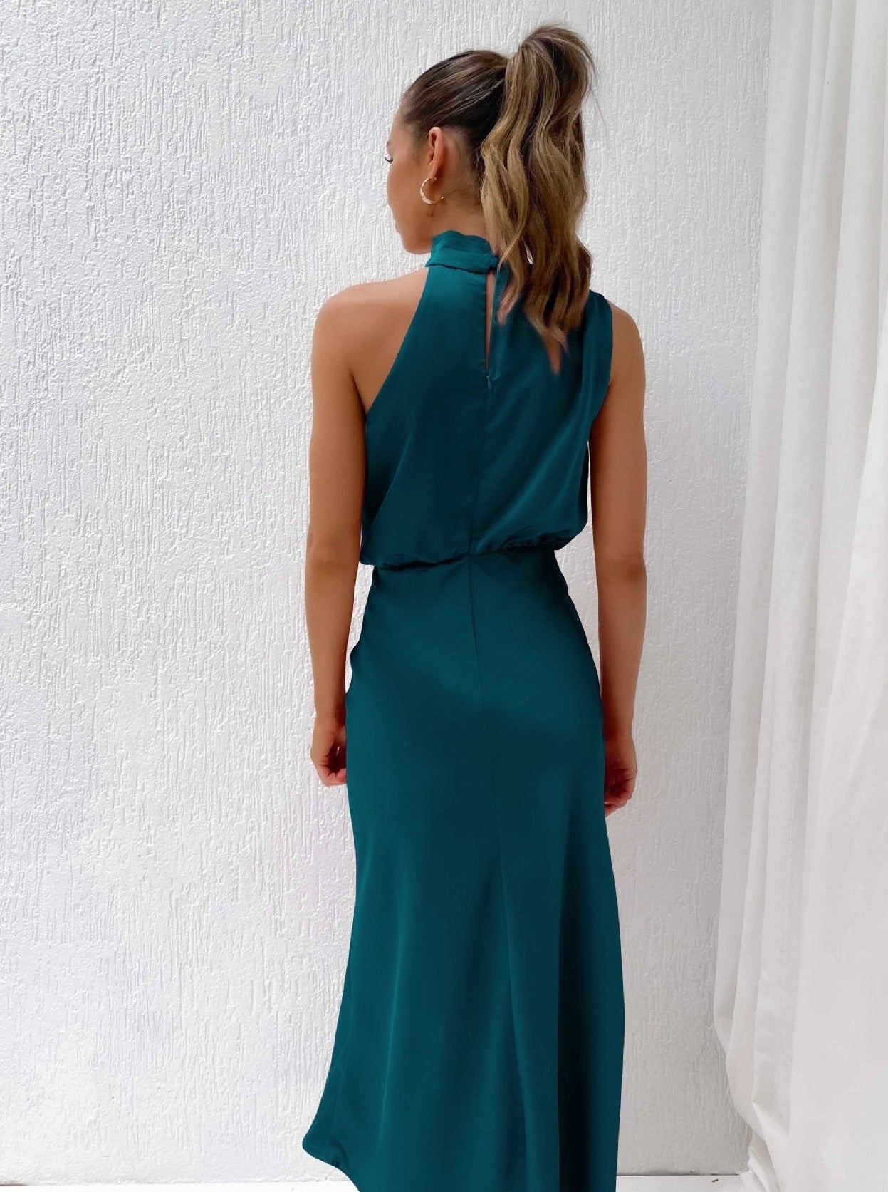 Abendkleid Damen Lang - Satin Neckholder Kleid Elegantes Cocktailkleid für Partys

