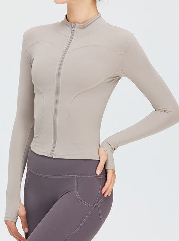 Khaki Zipper Long-Sleeved Quick Drying Fitness Sports Top