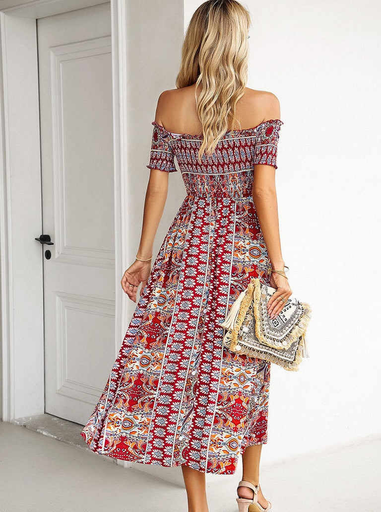 Summer Off Shoulder Bohemian Slit Midi Dress