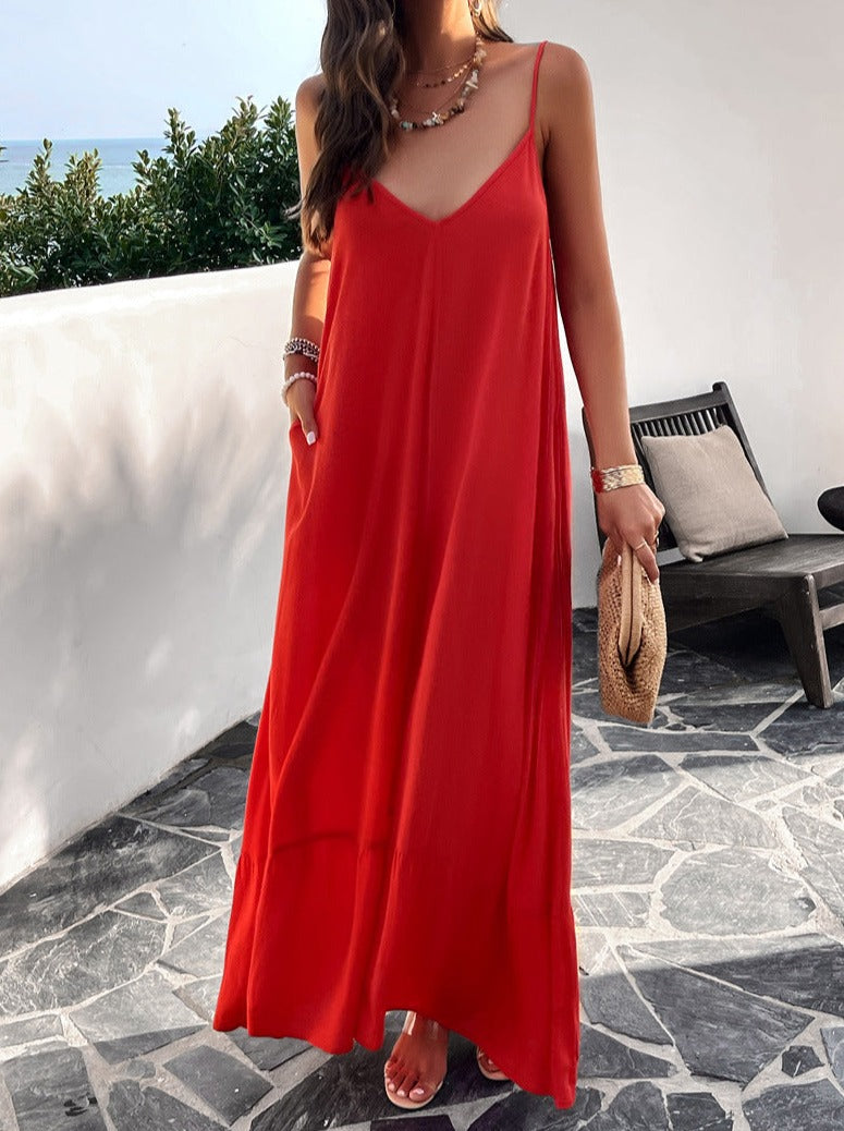 Red Casual Solid Color Suspender Maxi Dress