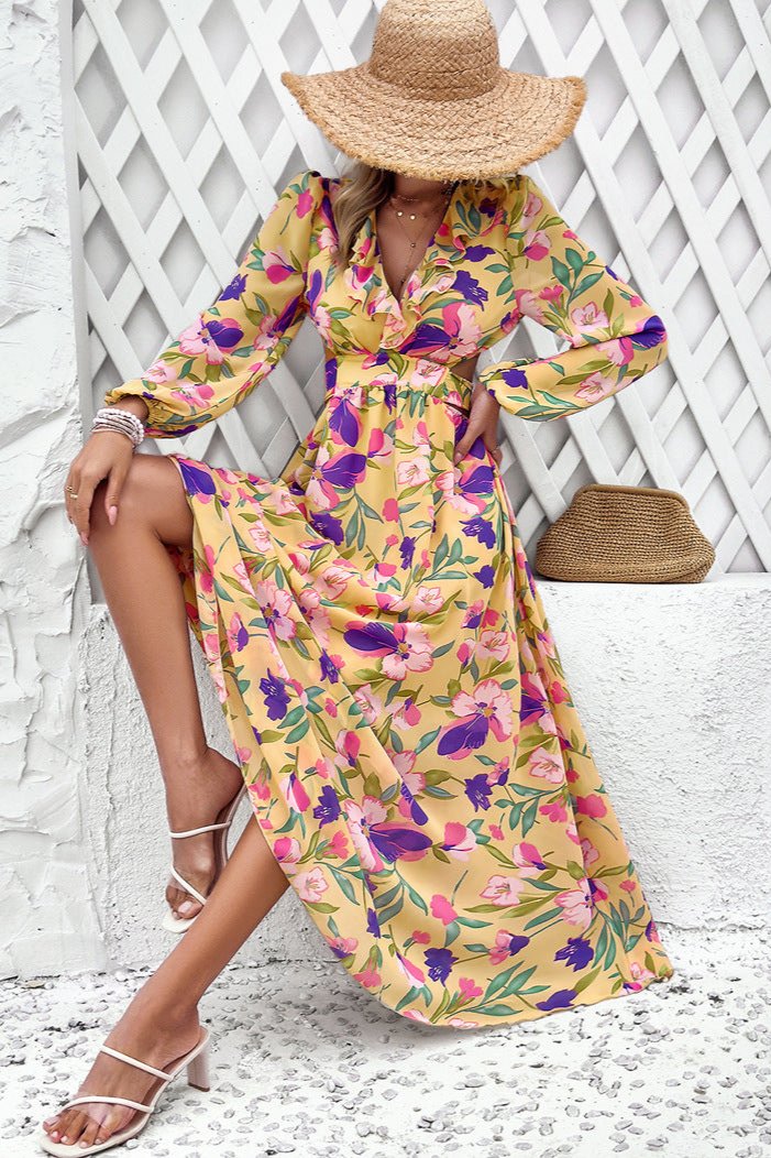 Long Sleeve Deep V-Neck Floral Maxi Dress