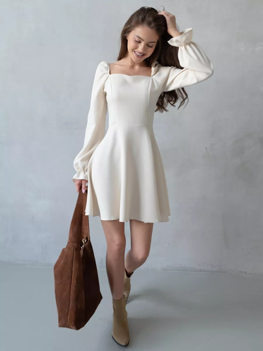 Classy Square Neck Long Lantern Sleeve High Waist Mini Dress