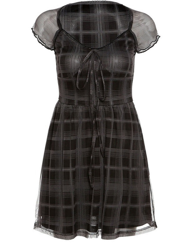 Retro Sexy Scoop Neck Mesh Cap Sleeve Mini Plaid Dress