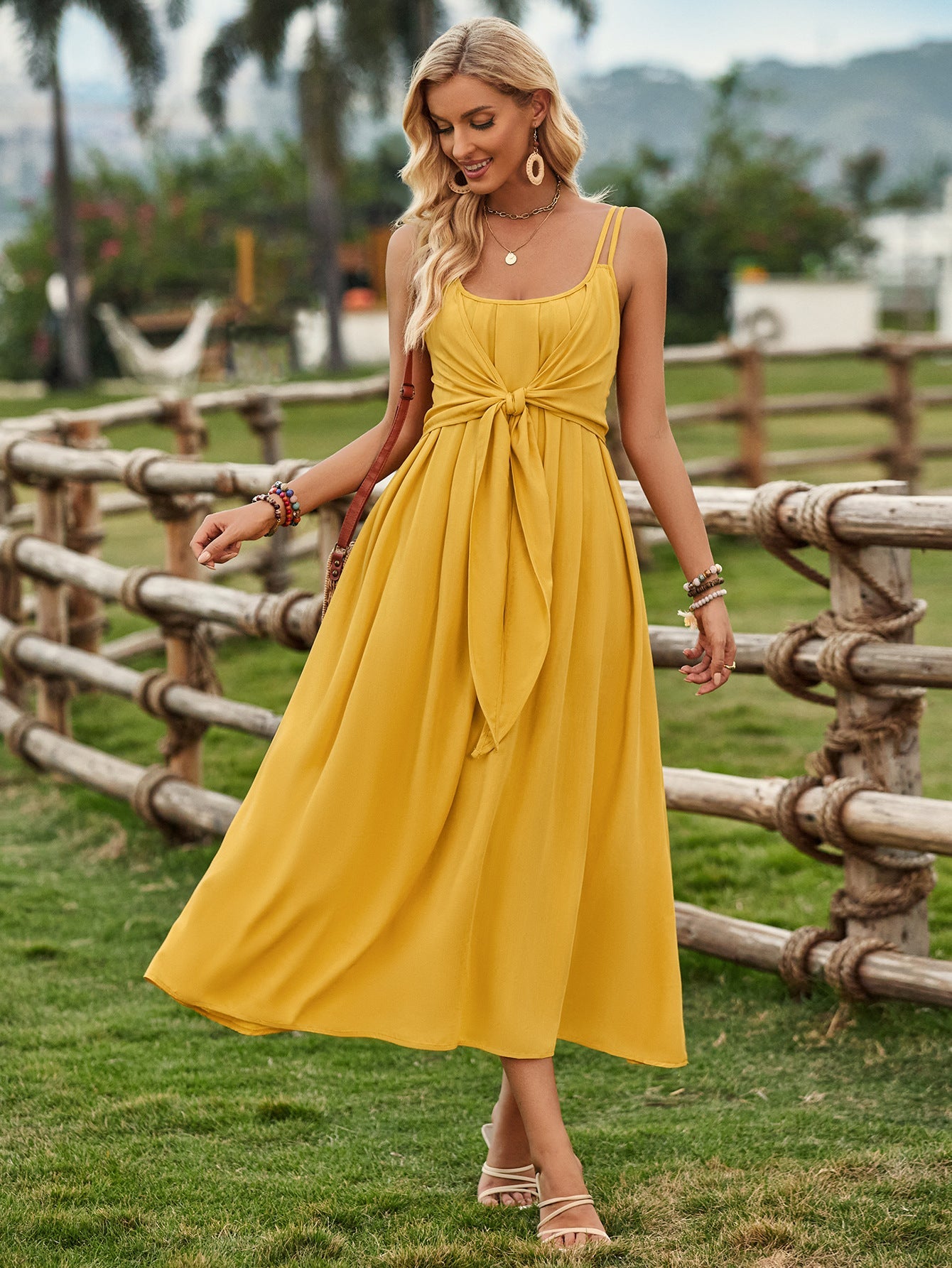 Solid Color Sleeveless Tie Waist Dress