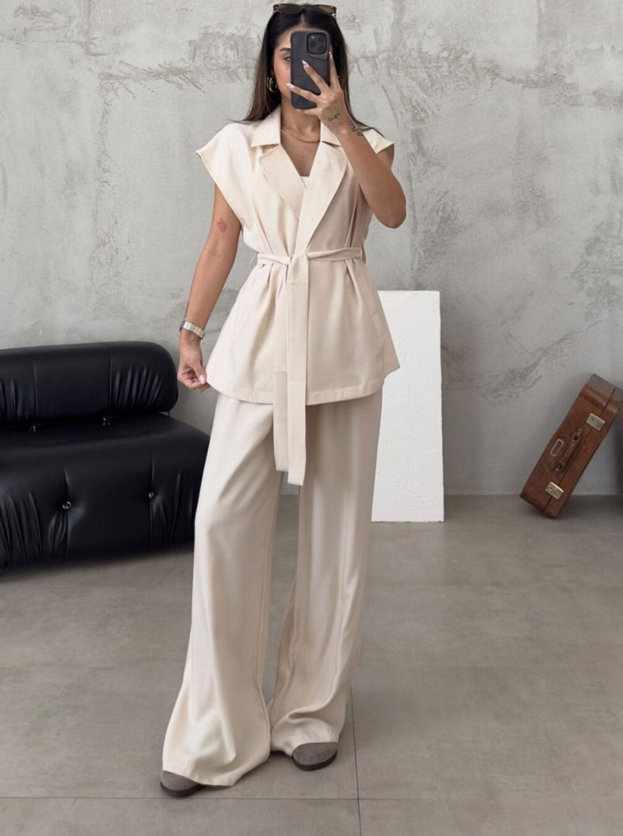 Casual Sleeveless Cardigan High-Waisted Trouser Suit