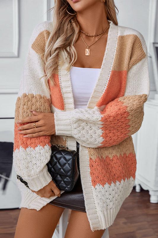 Multi Colored Lantern Sleeve V-Neck Knitted Cardigan