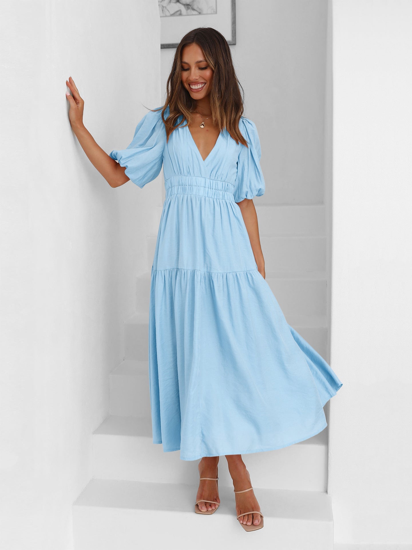 Sky Blue Deep V-Neck Puff Sleeve Layered Dress