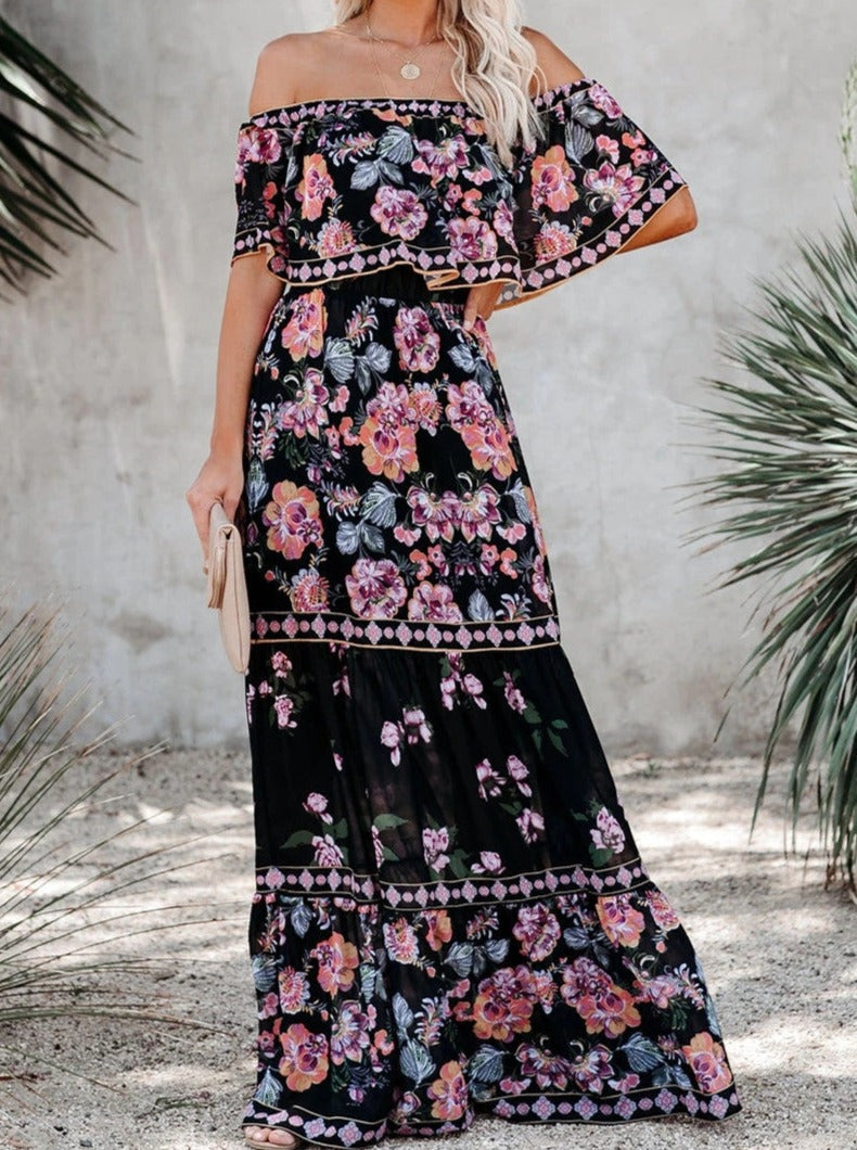 Black Floral Retro Printed Off Shoulder Maxi Dress