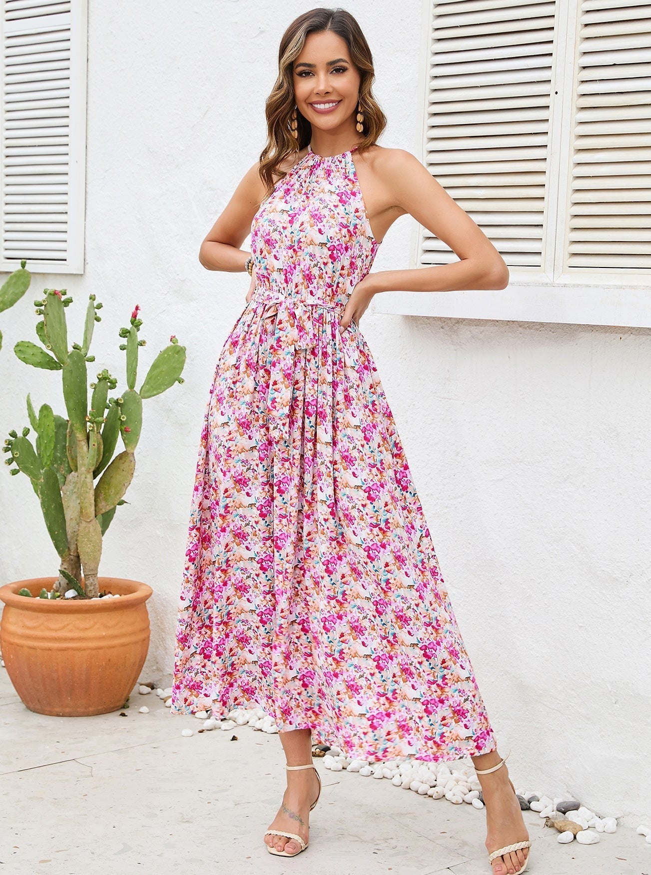 Pink Floral Tie Waist Halter Dress