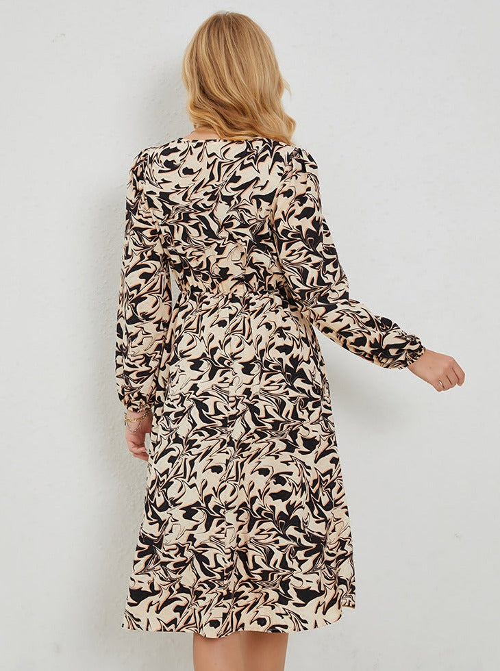 Retro Printed V-Neck Long Sleeve Temperament Midi Dress