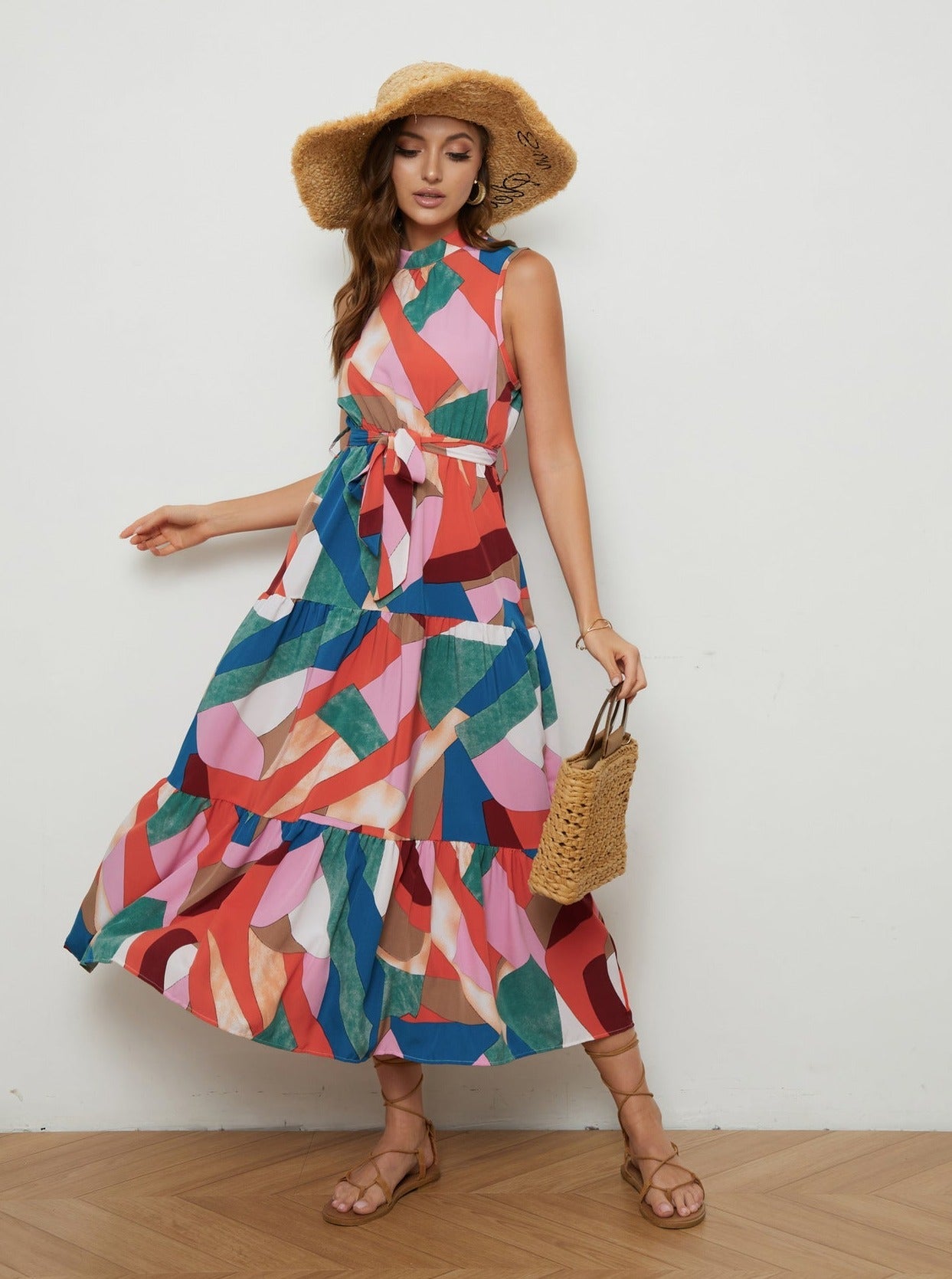 Multicolor Sleeveless Midi Sun Dress