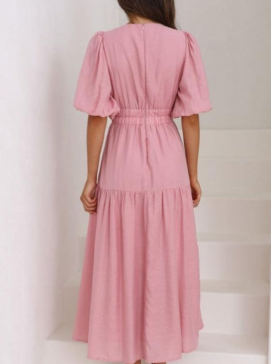 Solid Color Fluff Sleeve V-Neck Pleated Dress