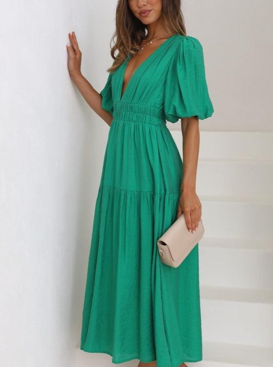 Solid Color Fluff Sleeve V-Neck Pleated Dress