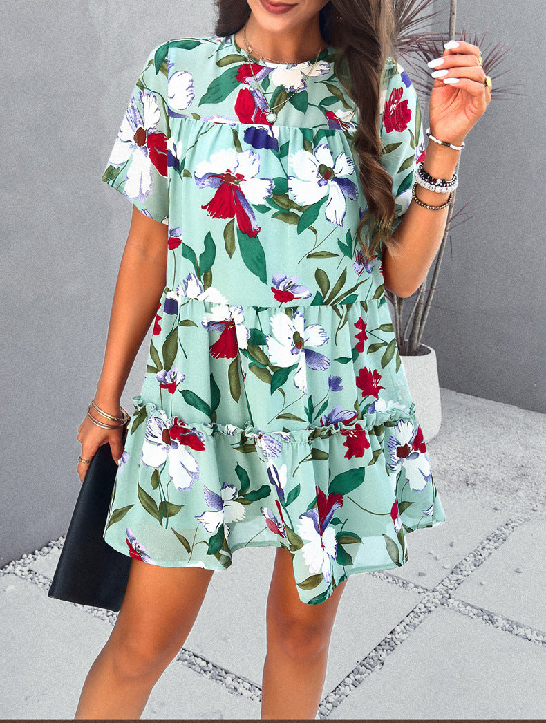 Green Leisure Vacation Printed Short-Sleeved Dress