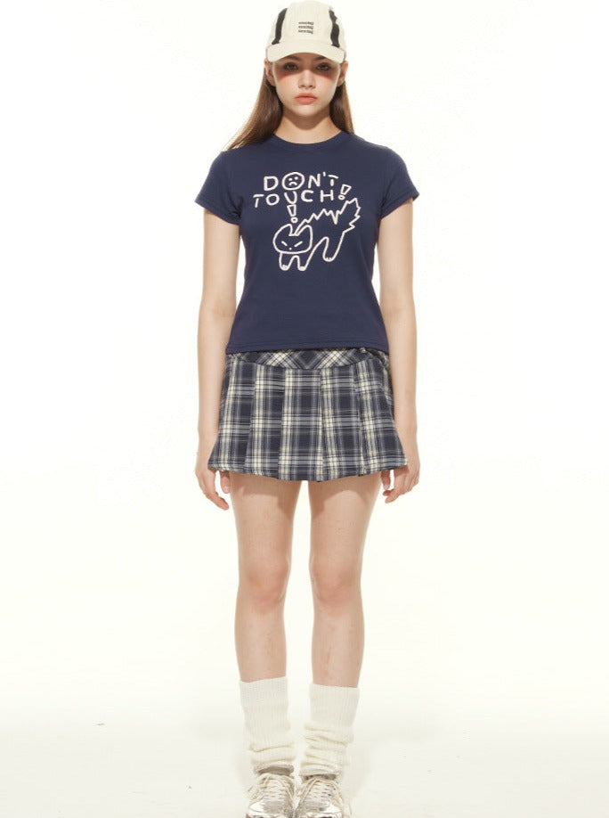 Blue Short Sleeve Cat & Lettering Print Crop Tee