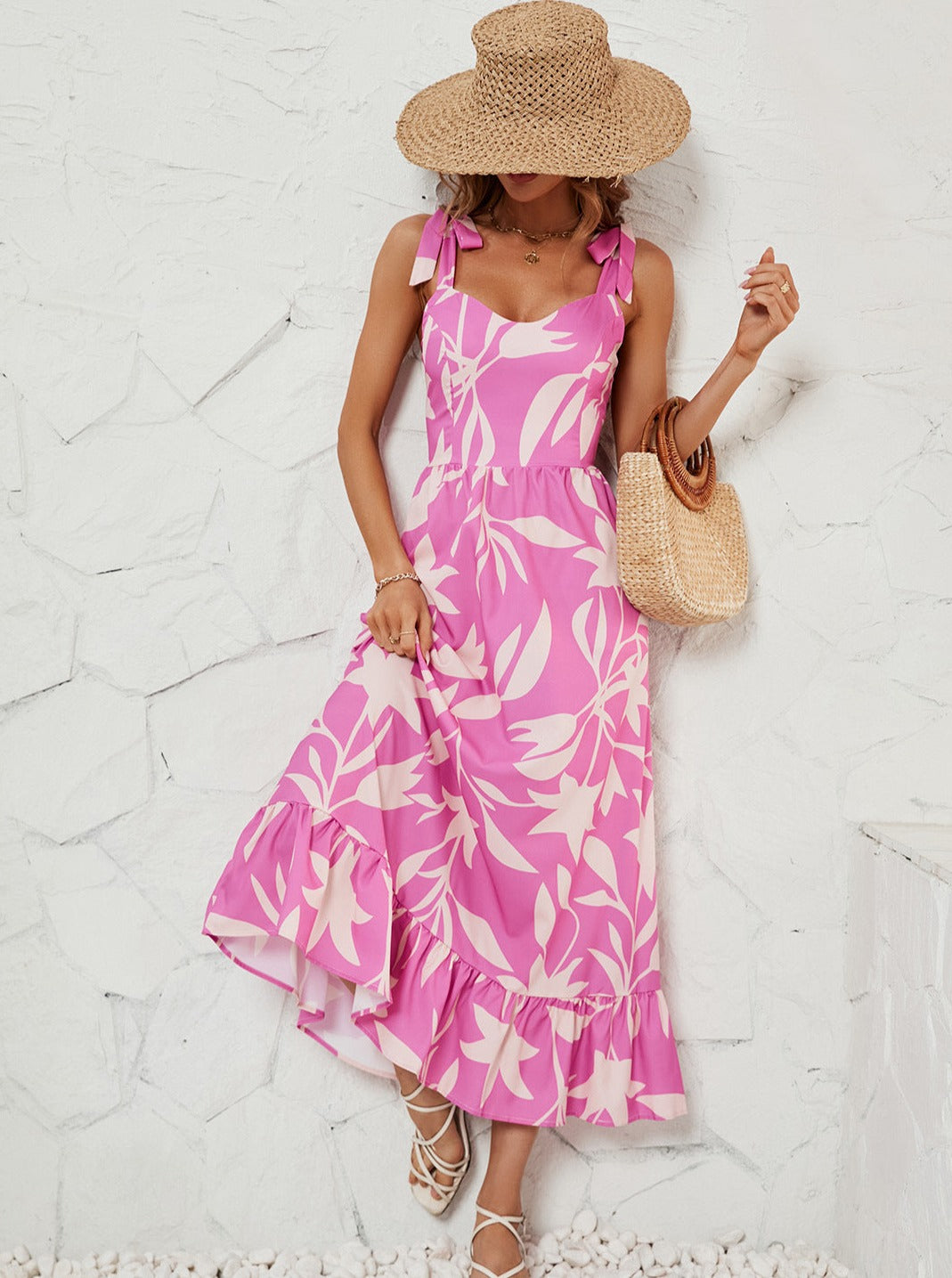 Tropical Summer V-Neck Ruffled Halter Midi Dress