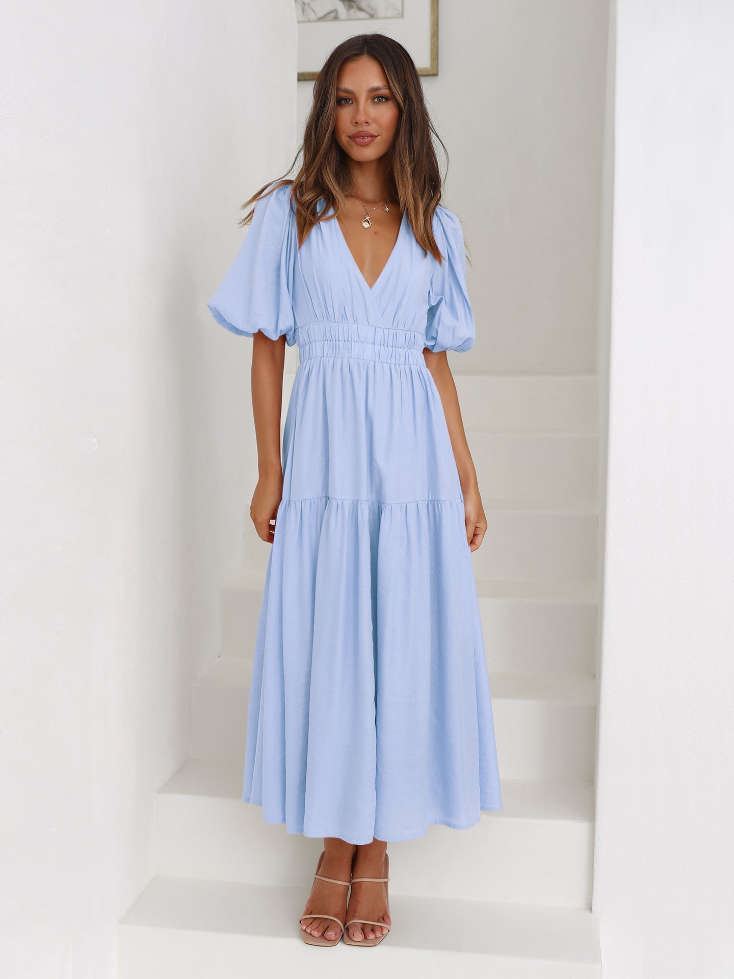 Light Blue Deep V-Neck Puff Sleeve Layered Dress