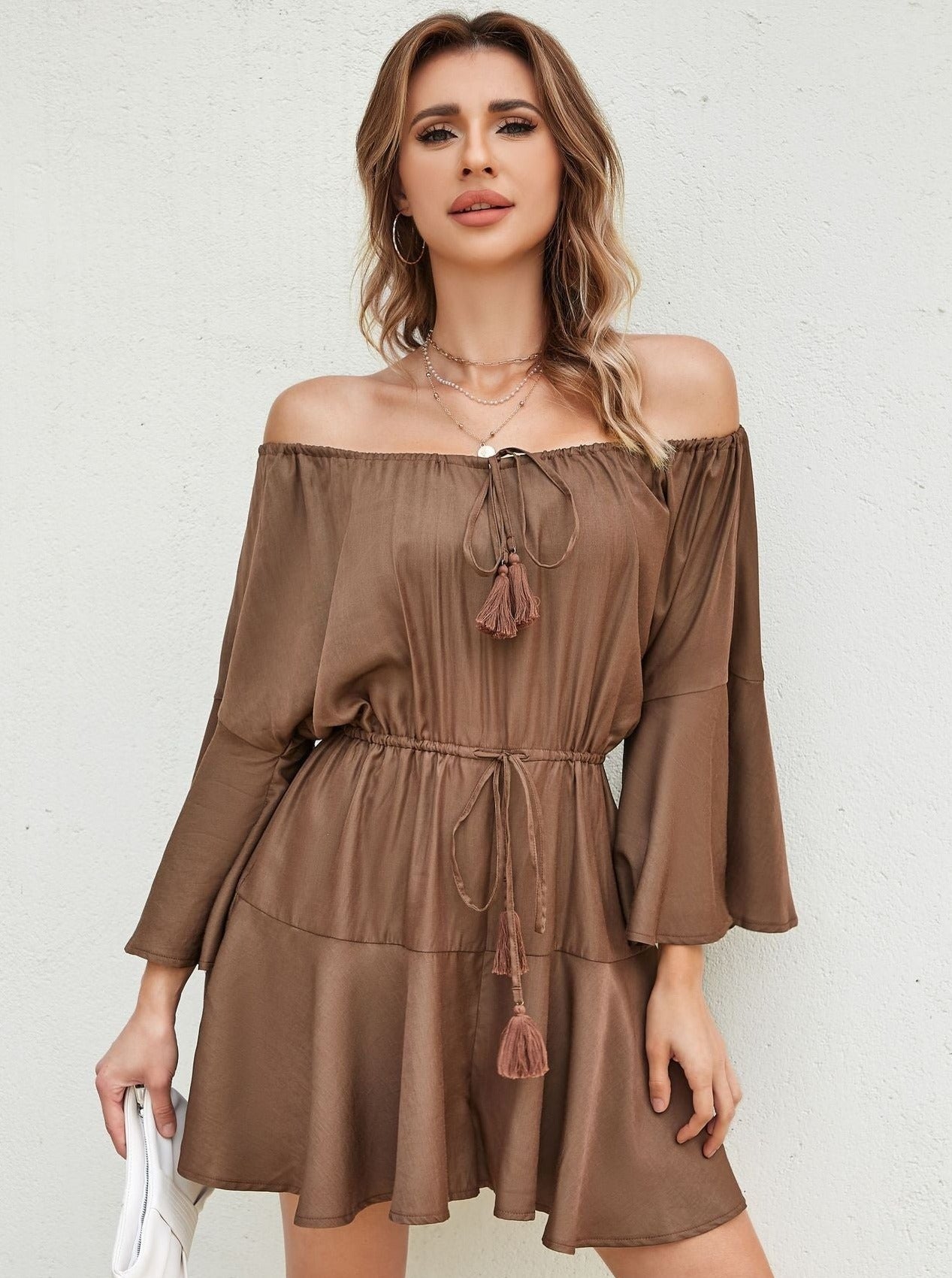 Boho Style Adjustable Shoulder Bell Sleeve Drawstring Waist Mini Dress