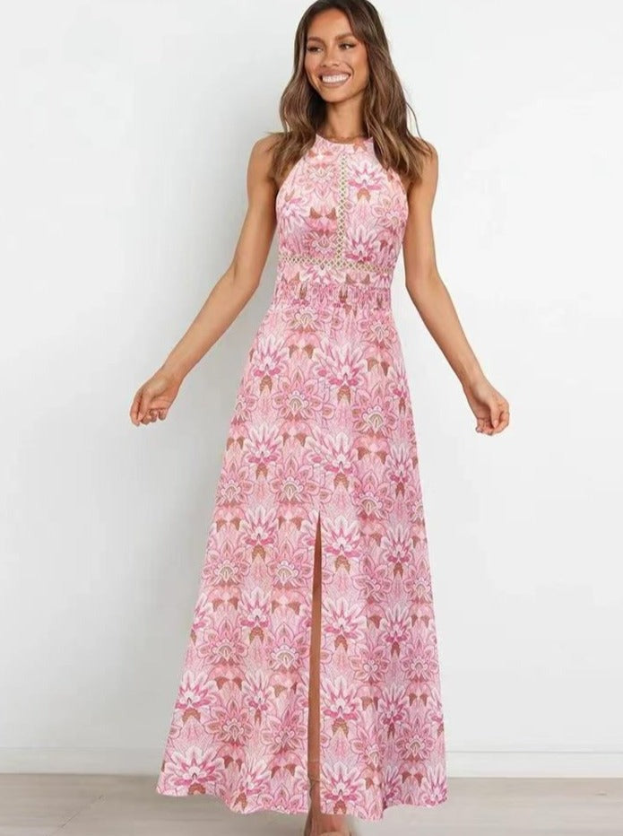 Floral Printed Halter Neck Racer Back Maxi Dress