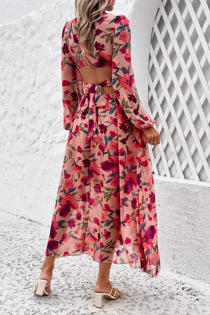 Long Sleeve Deep V-Neck Red Floral Maxi Dress