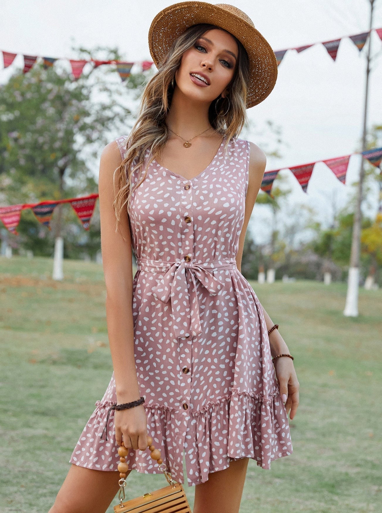 Sleeveless Tie Waist Polka Dots Mini Dress