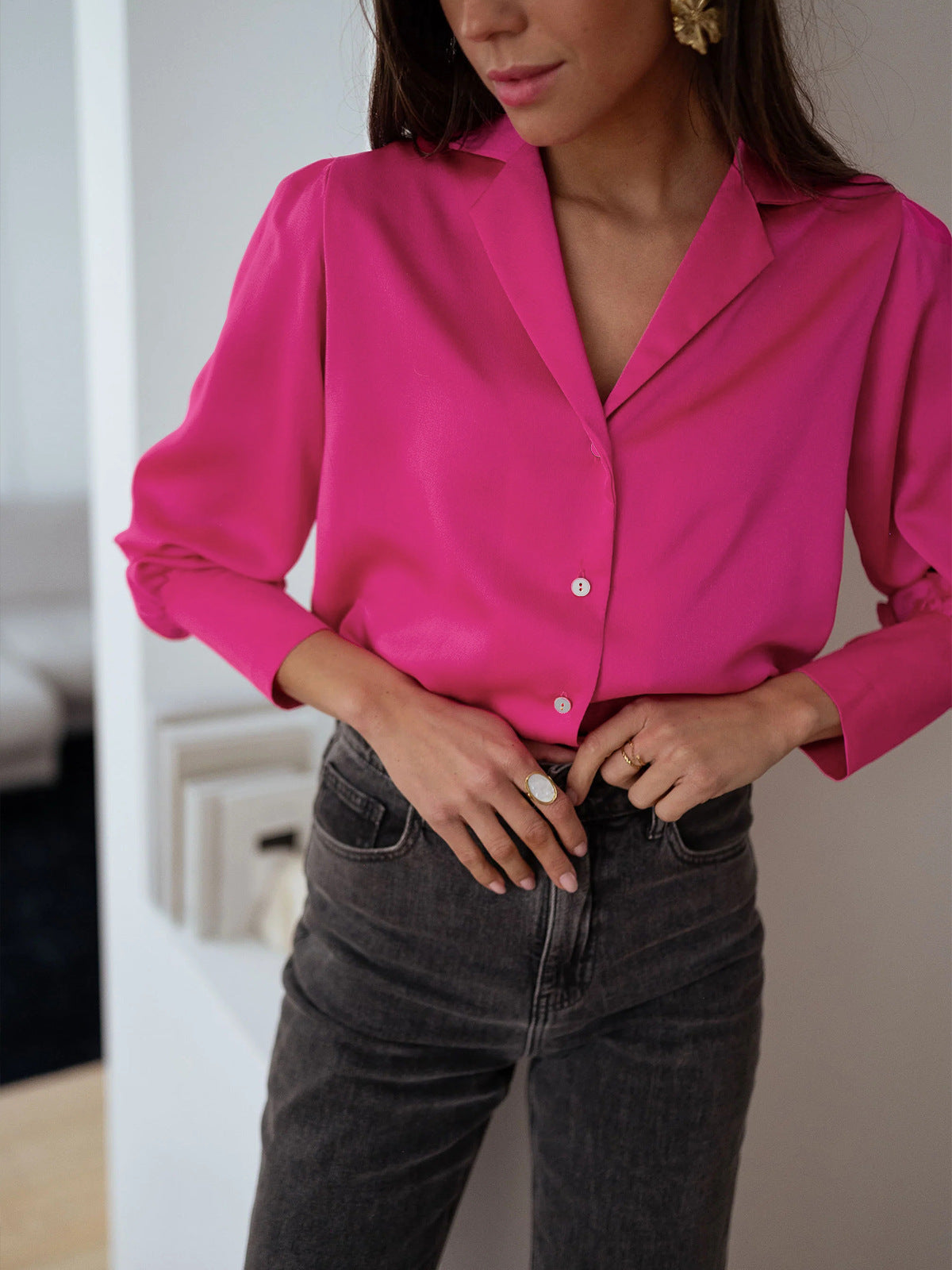 Pink Women Loose Button Down Long Sleeve Shirt