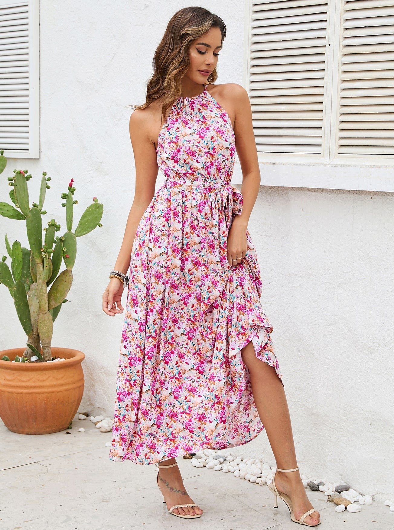 Pink Floral Tie Waist Halter Dress