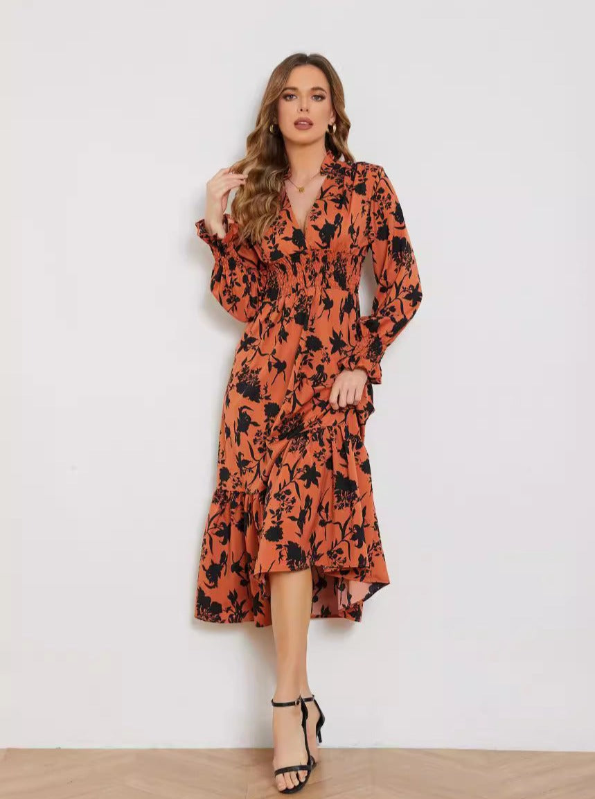 Floral Print V-Neck High Waist Long Sleeve Midi Dress