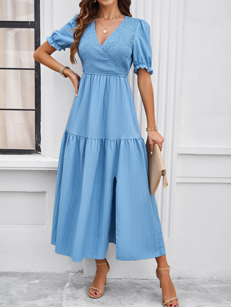 Elegant Midikleid Mit Schlitz Langarm V-Ausschnitt - Sommer Kleider Verschiedene Farben