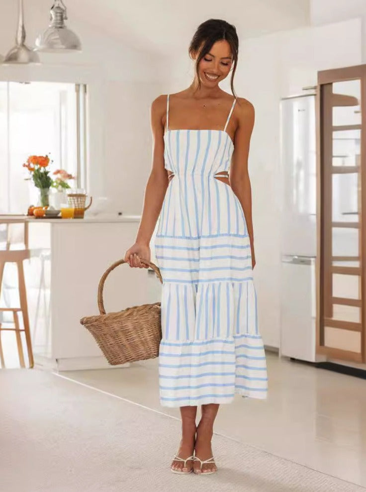 White and Blue Striped Cut Out Sides Sundress